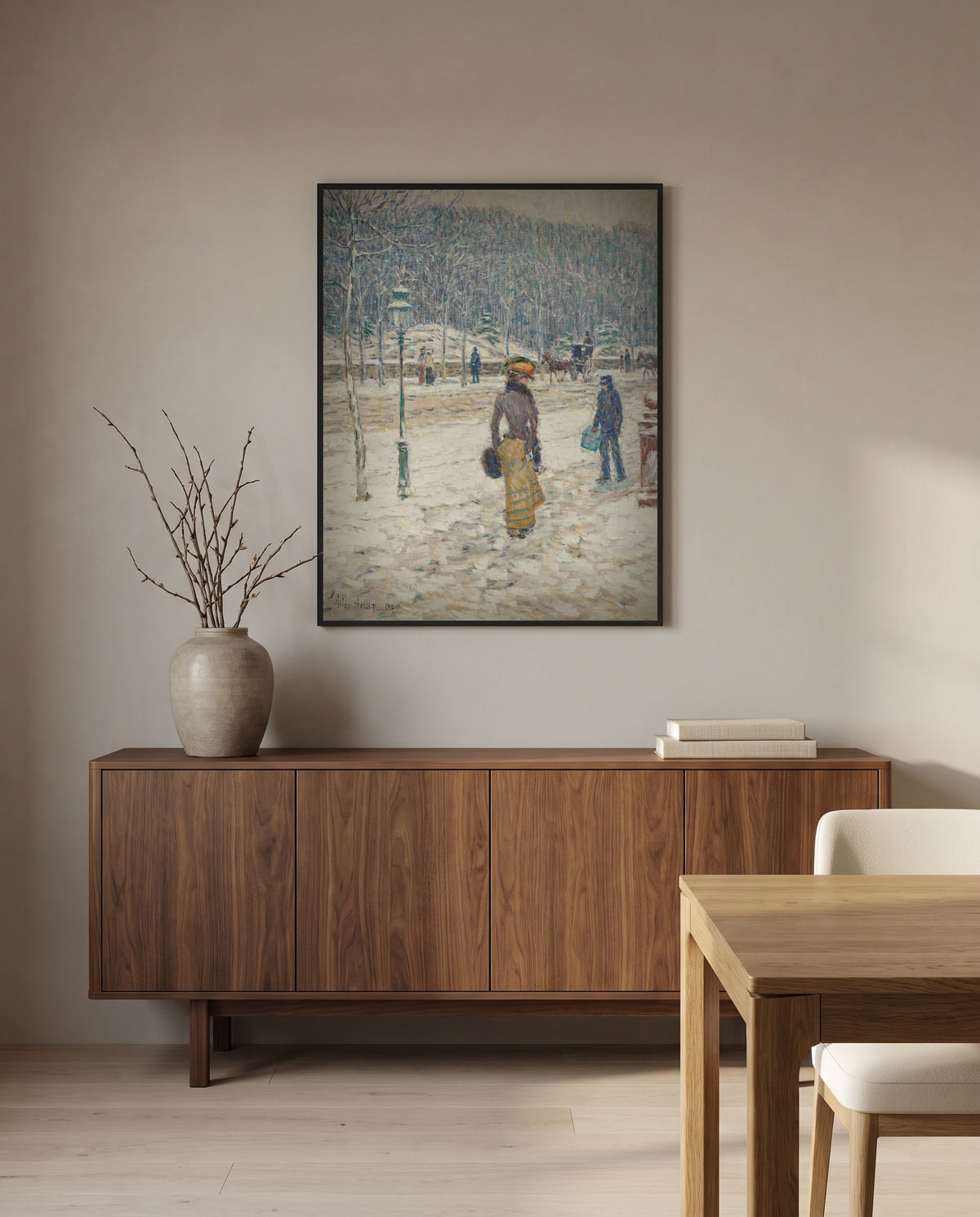 New York Street by Childe Hassam in a black frame above a walnut sideboard in a dining room
