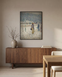 New York Street by Childe Hassam in a black frame above a walnut sideboard in a dining room