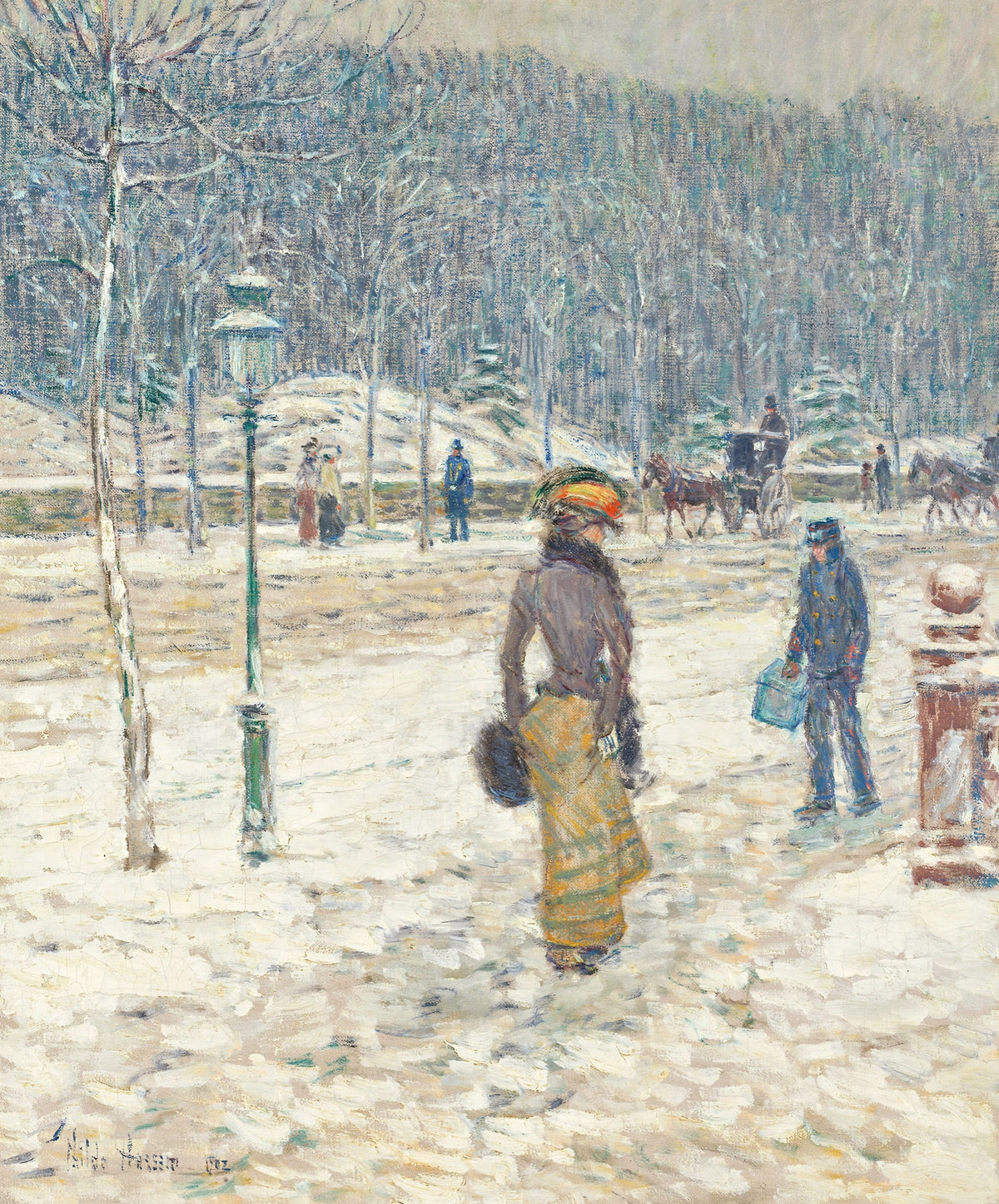 New York Street by Childe Hassam: a snowy Fifth Avenue by Central Park, a woman in a yellow skirt, carriages beyond