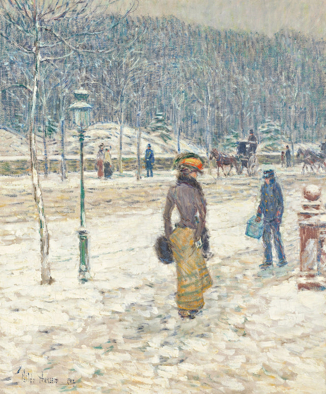 New York Street by Childe Hassam: a snowy Fifth Avenue by Central Park, a woman in a yellow skirt, carriages beyond