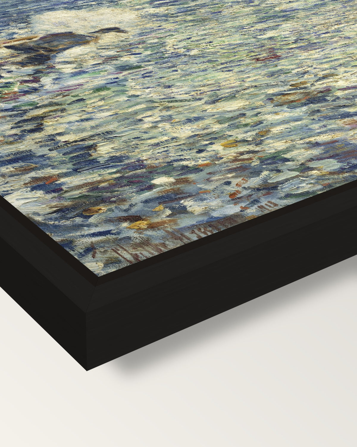Surf, Isles of Shoals by Hassam framed canvas, corner close-up: a black floating frame with a shadow gap round the canvas