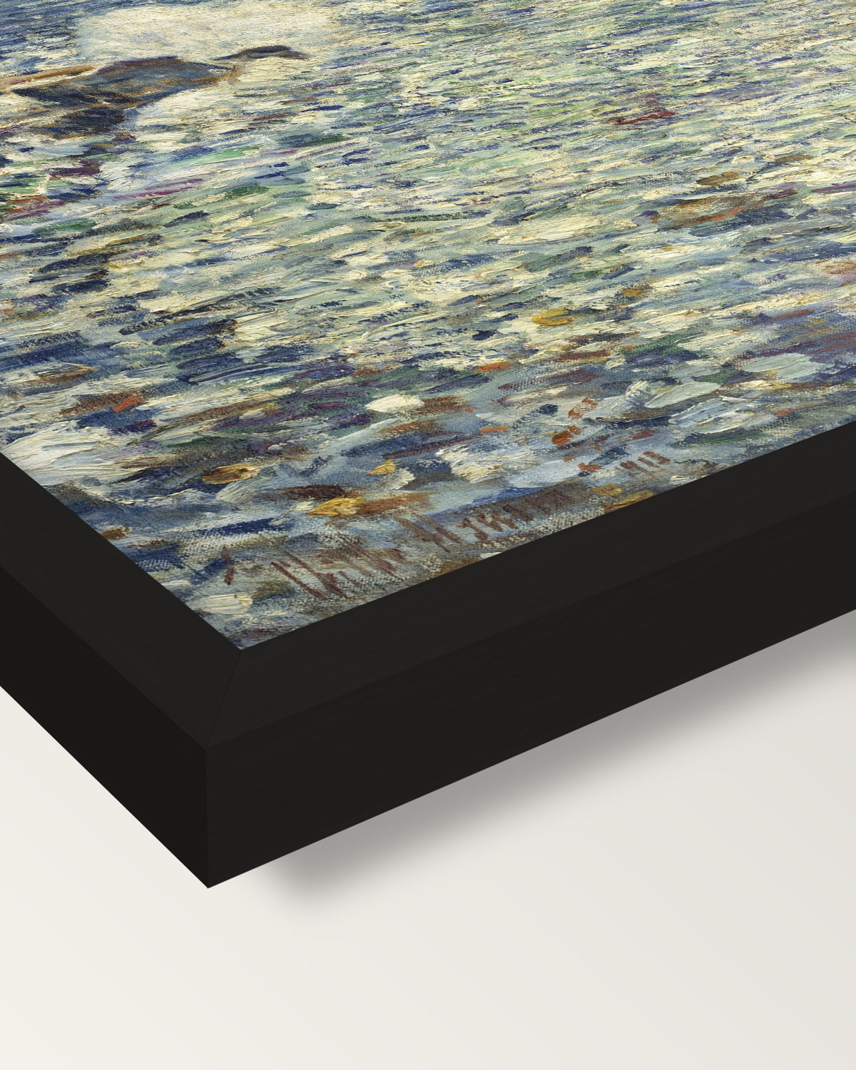 Surf, Isles of Shoals by Hassam framed print, corner close-up: black moulding, mitred, the print set just below its edge