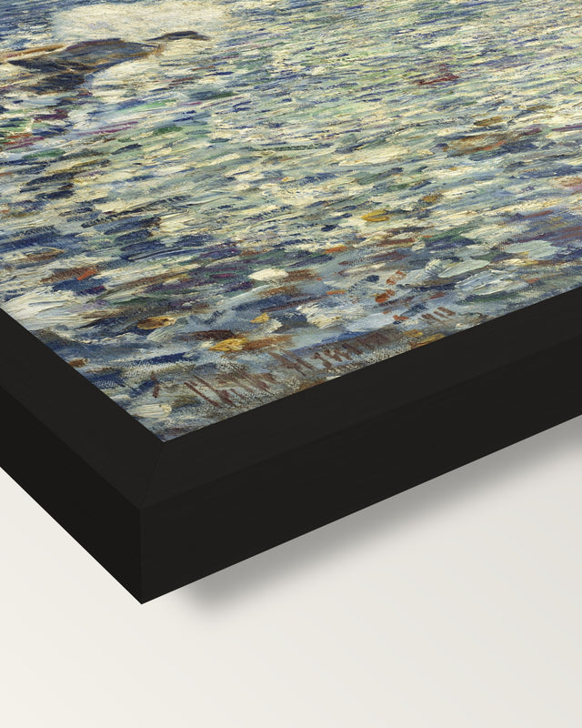 Surf, Isles of Shoals by Hassam framed print, corner close-up: black moulding, mitred, the print set just below its edge