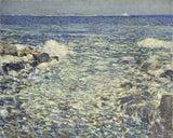 Surf, Isles of Shoals by Childe Hassam: white spray breaking over dark rocks, a wide sparkling blue sea, a pale horizon