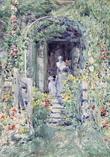 The Garden in Its Glory by Childe Hassam: a rose-covered arch over a doorway, figures in white, poppies and hollyhocks