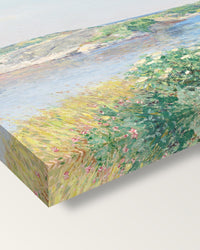 The Little Pond, Appledore by Childe Hassam on stretched canvas, corner close-up: the painting mirror-wrapped round the sides