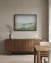 The Little Pond, Appledore by Childe Hassam in a black frame above a walnut sideboard in a dining room