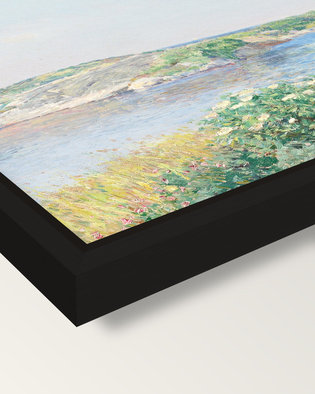 The Little Pond, Appledore framed canvas, corner close-up: a black floating frame with a shadow gap round the canvas
