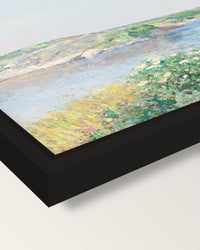 The Little Pond, Appledore framed canvas, corner close-up: a black floating frame with a shadow gap round the canvas