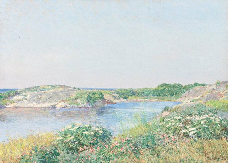 The Little Pond, Appledore by Childe Hassam: a small blue pond among green hills, pink and white wild roses in front