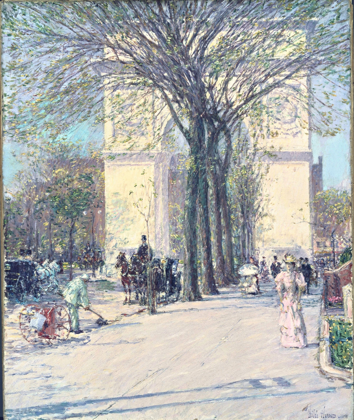 Washington Arch, Spring by Childe Hassam: a white stone arch behind spring trees, strollers, carriages and a street sweeper