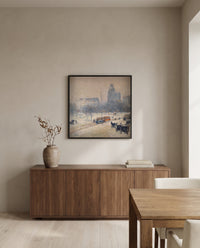 Winter in Union Square by Childe Hassam in a black frame above a walnut sideboard in a dining room