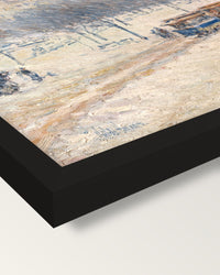 Winter in Union Square by Hassam framed print, corner close-up: black moulding, mitred, the print set just below its edge