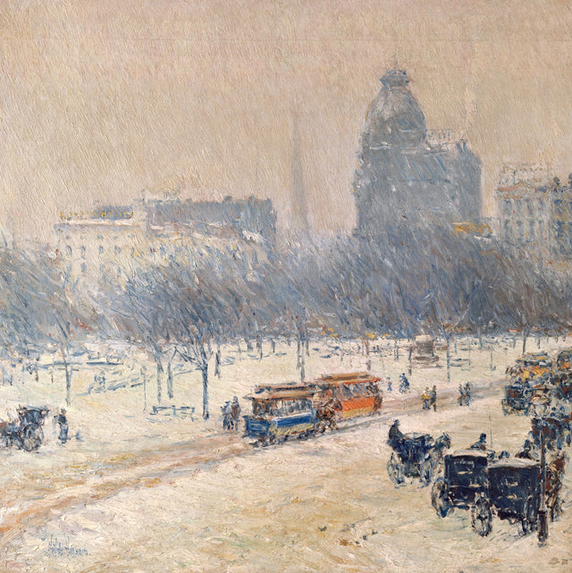 Winter in Union Square by Childe Hassam: a snowy New York square with a horse-drawn trolley and carriages, buildings in mist