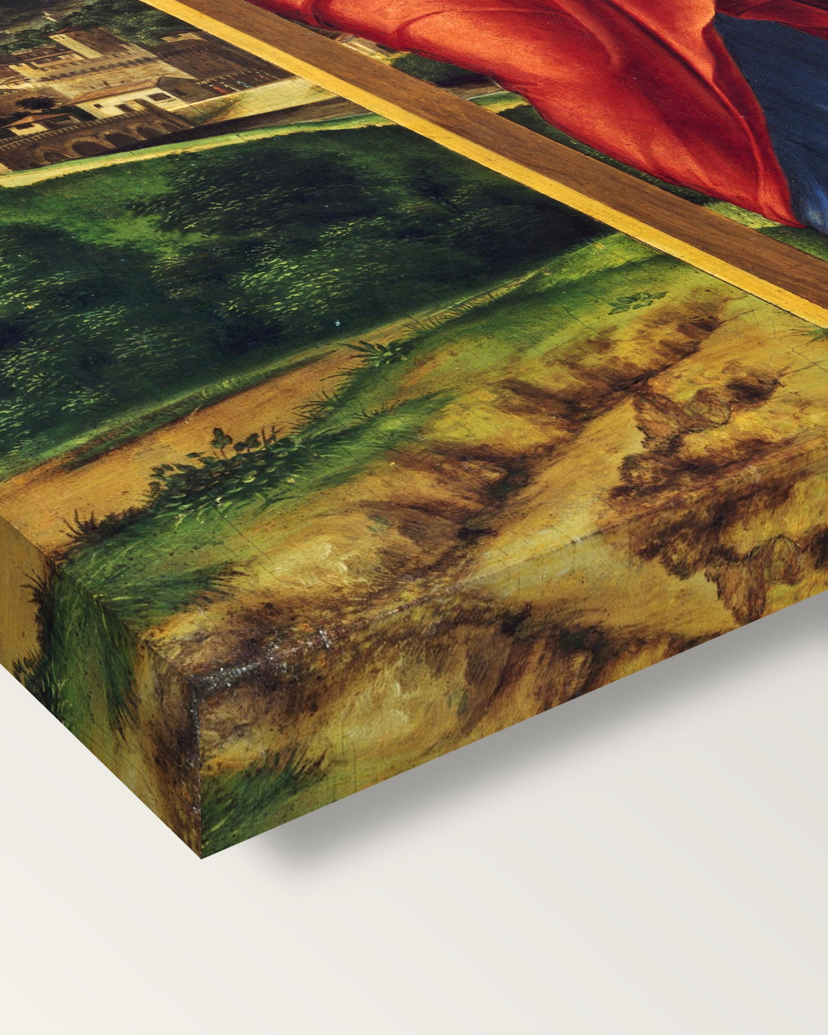 Saint Helena by Cima da Conegliano on stretched canvas, corner close-up: the painting mirror-wrapped round the sides