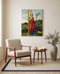 Saint Helena by Cima da Conegliano as a stretched canvas above a linen lounge chair in a reading corner