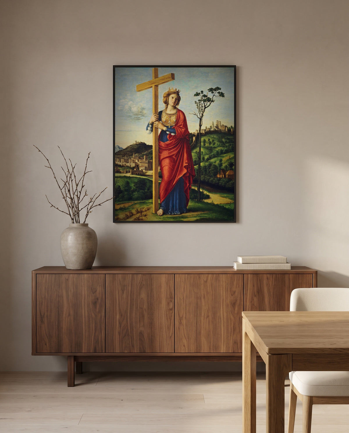 Saint Helena by Cima da Conegliano in a black frame above a walnut sideboard in a dining room