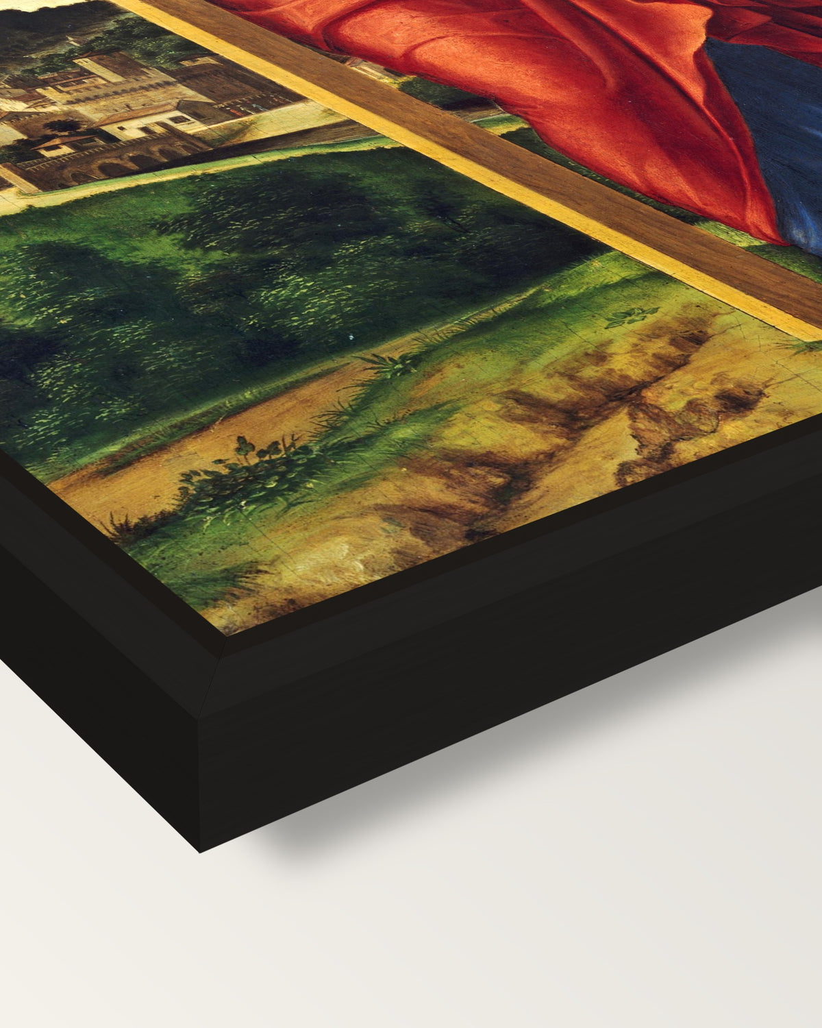 Saint Helena by Cima da Conegliano framed canvas, corner close-up: a black floating frame with a shadow gap round the canvas