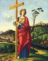 Saint Helena by Cima da Conegliano: a crowned woman in red holds a tall cross before green hills and a walled town