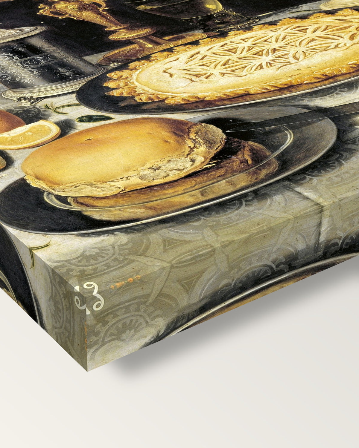 Tazza, Jug and Pie by Clara Peeters on stretched canvas, corner close-up: the painting mirror-wrapped round the sides