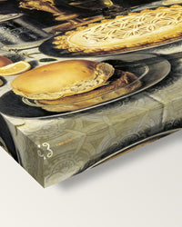 Tazza, Jug and Pie by Clara Peeters on stretched canvas, corner close-up: the painting mirror-wrapped round the sides