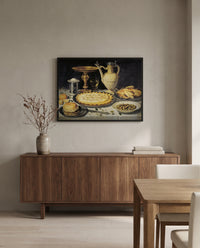 Tazza, Jug and Pie by Clara Peeters in a black frame above a walnut sideboard in a dining room