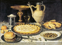 Still Life by Clara Peeters: a gilt tazza, a stoneware jug, a decorated pie, olives and roast birds on a white damask cloth