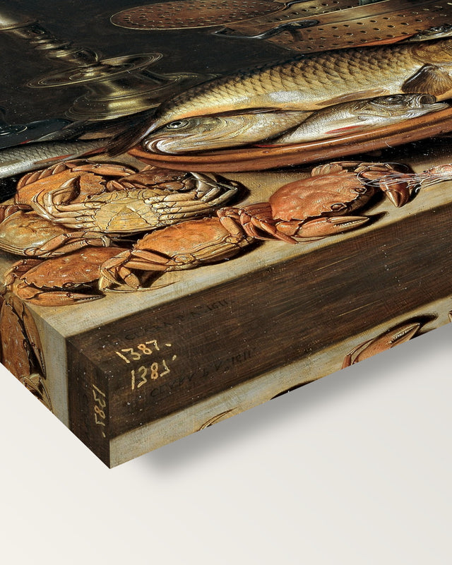Fish and a Candlestick by Clara Peeters on stretched canvas, corner close-up: the painting mirror-wrapped round the sides