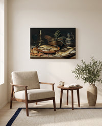 Fish and a Candlestick by Clara Peeters as a stretched canvas above a linen lounge chair in a reading corner