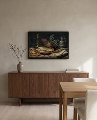 Fish and a Candlestick by Clara Peeters in a black frame above a walnut sideboard in a dining room