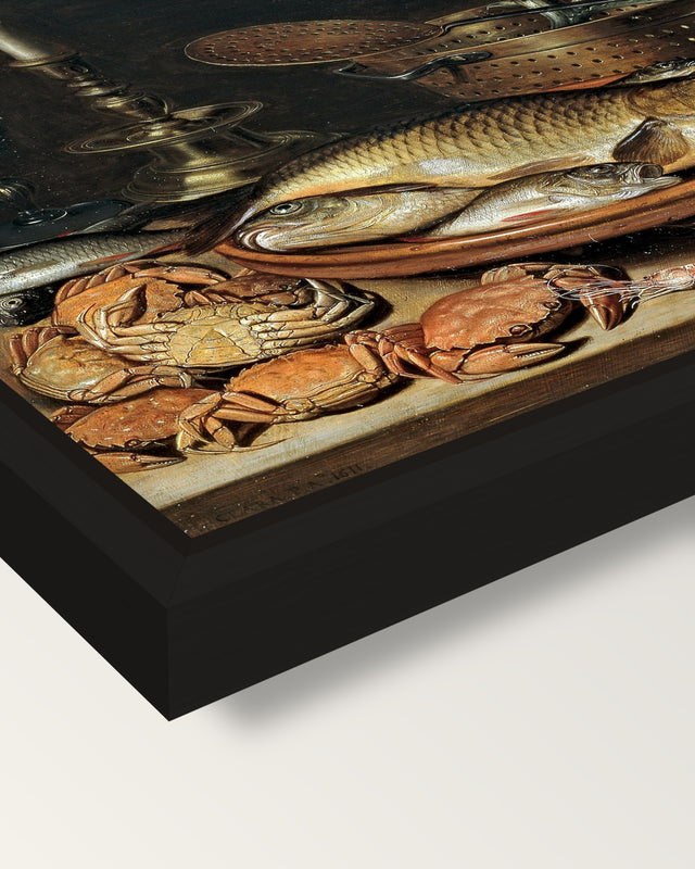Fish and a Candlestick by Peeters framed canvas, corner close-up: a black floating frame with a shadow gap round the canvas