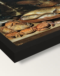 Fish and a Candlestick by Peeters framed print, corner close-up: black moulding, mitred, the print set just below its edge