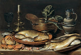 Still Life with Fish and a Candlestick by Clara Peeters: carp, fish and crabs on a table with a candlestick and an artichoke