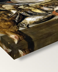 Game and Poultry by Clara Peeters on stretched canvas, corner close-up: the painting mirror-wrapped round the sides