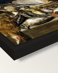 Game and Poultry by Clara Peeters framed canvas, corner close-up: a black floating frame with a shadow gap round the canvas