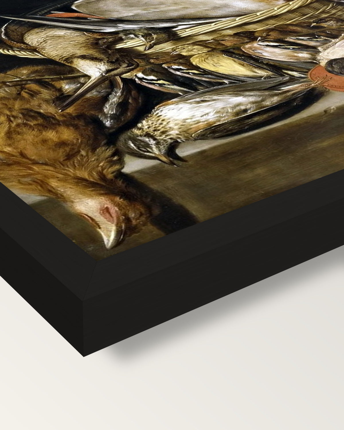 Game and Poultry by Clara Peeters framed print, corner close-up: black moulding, mitred, the print set just below its edge