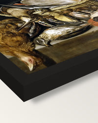 Game and Poultry by Clara Peeters framed print, corner close-up: black moulding, mitred, the print set just below its edge