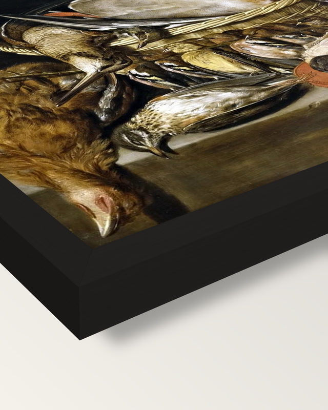 Game and Poultry by Clara Peeters framed print, corner close-up: black moulding, mitred, the print set just below its edge