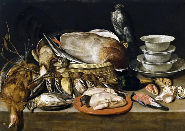 Still Life with Game by Clara Peeters: a hawk perched above a heap of game birds, stacked Chinese porcelain bowls and shells