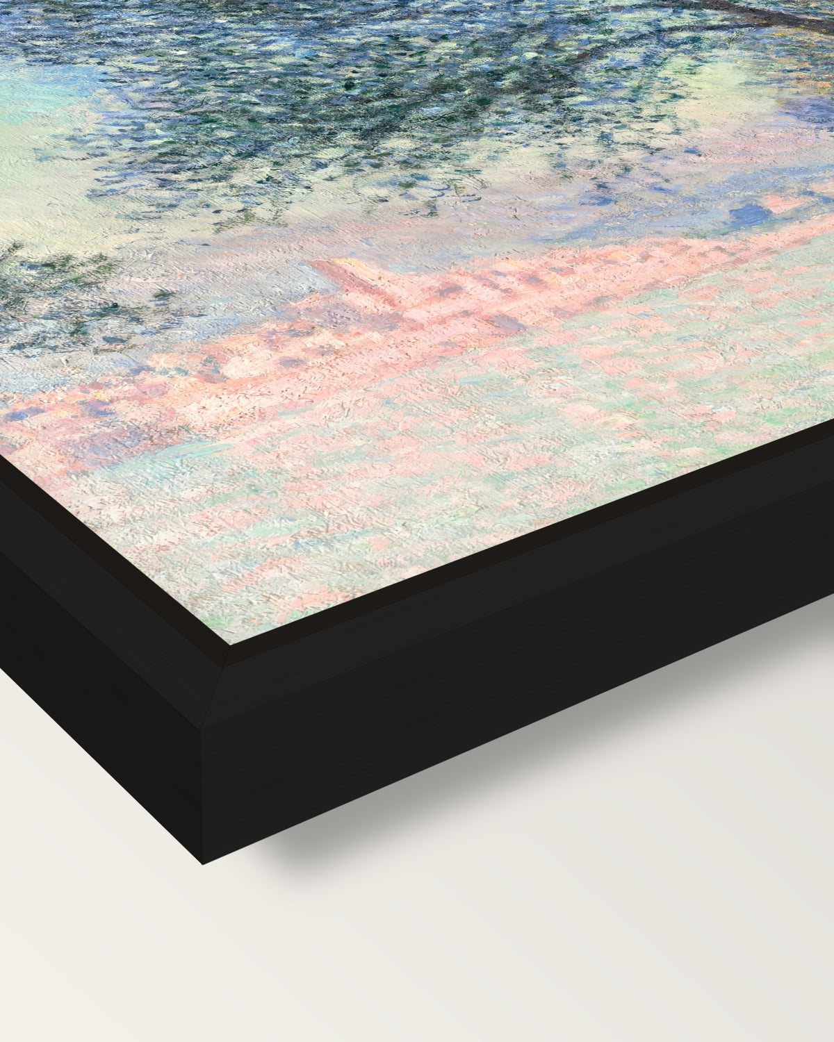 Antibes, Salis Gardens by Monet framed canvas, corner close-up: a black floating frame with a shadow gap round the canvas
