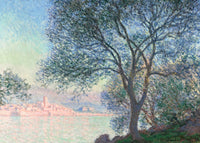 Antibes Seen from the Salis Gardens by Claude Monet: a dark tree in front of a pale pink town across a calm bay