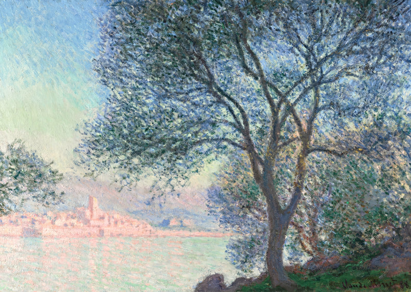 Antibes Seen from the Salis Gardens by Claude Monet: a dark tree in front of a pale pink town across a calm bay