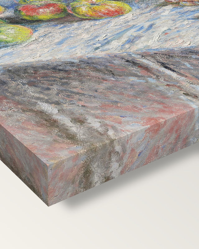 Apples and Grapes by Claude Monet on stretched canvas, corner close-up: the painting mirror-wrapped round the sides