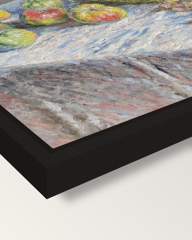 Apples and Grapes by Claude Monet framed canvas, corner close-up: a black floating frame with a shadow gap round the canvas