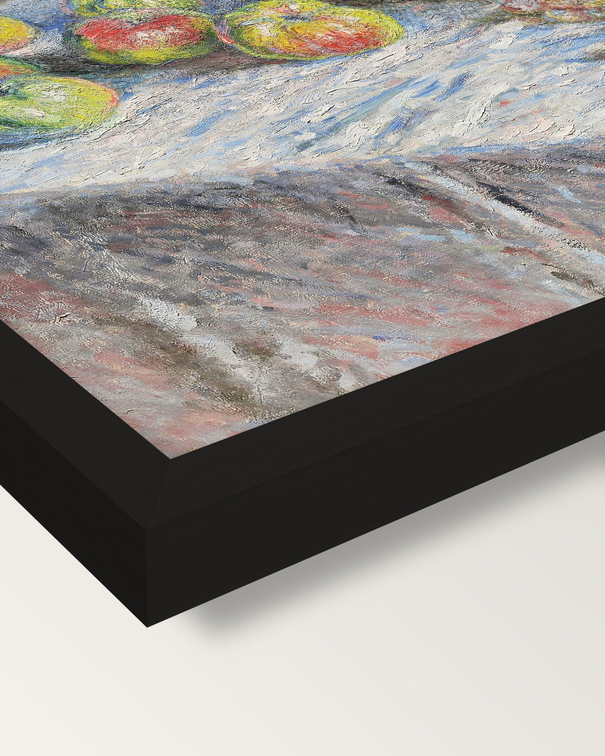 Apples and Grapes by Claude Monet framed print, corner close-up: black moulding, mitred, the print set just below its edge