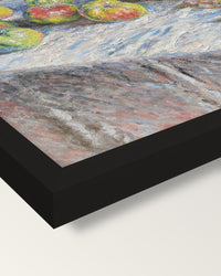 Apples and Grapes by Claude Monet framed print, corner close-up: black moulding, mitred, the print set just below its edge