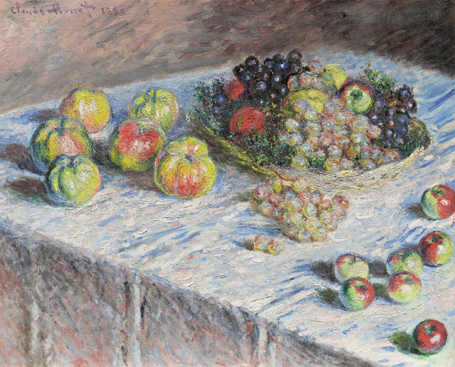 Apples and Grapes by Claude Monet: green and red apples and a basket of black and white grapes on a white tablecloth