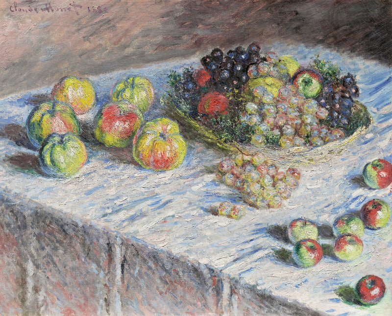 Apples and Grapes by Claude Monet: green and red apples and a basket of black and white grapes on a white tablecloth