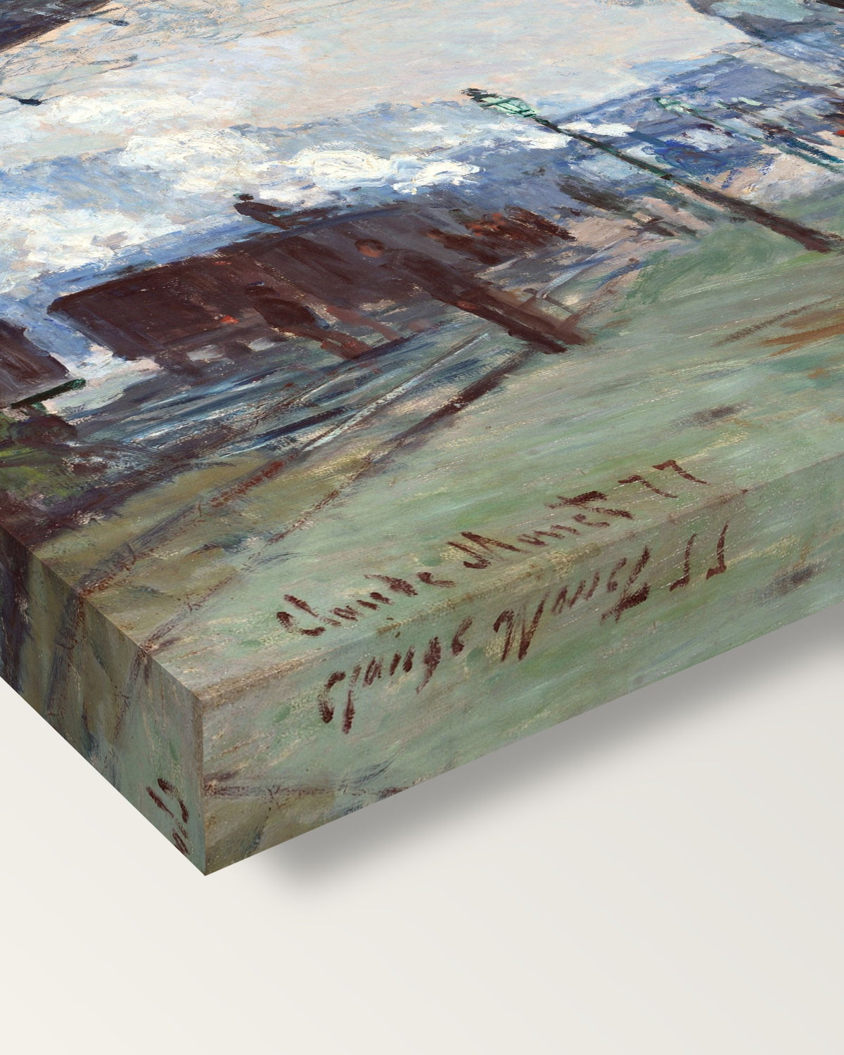 Arrival of the Normandy Train by Monet on stretched canvas, corner close-up: the painting mirror-wrapped round the sides