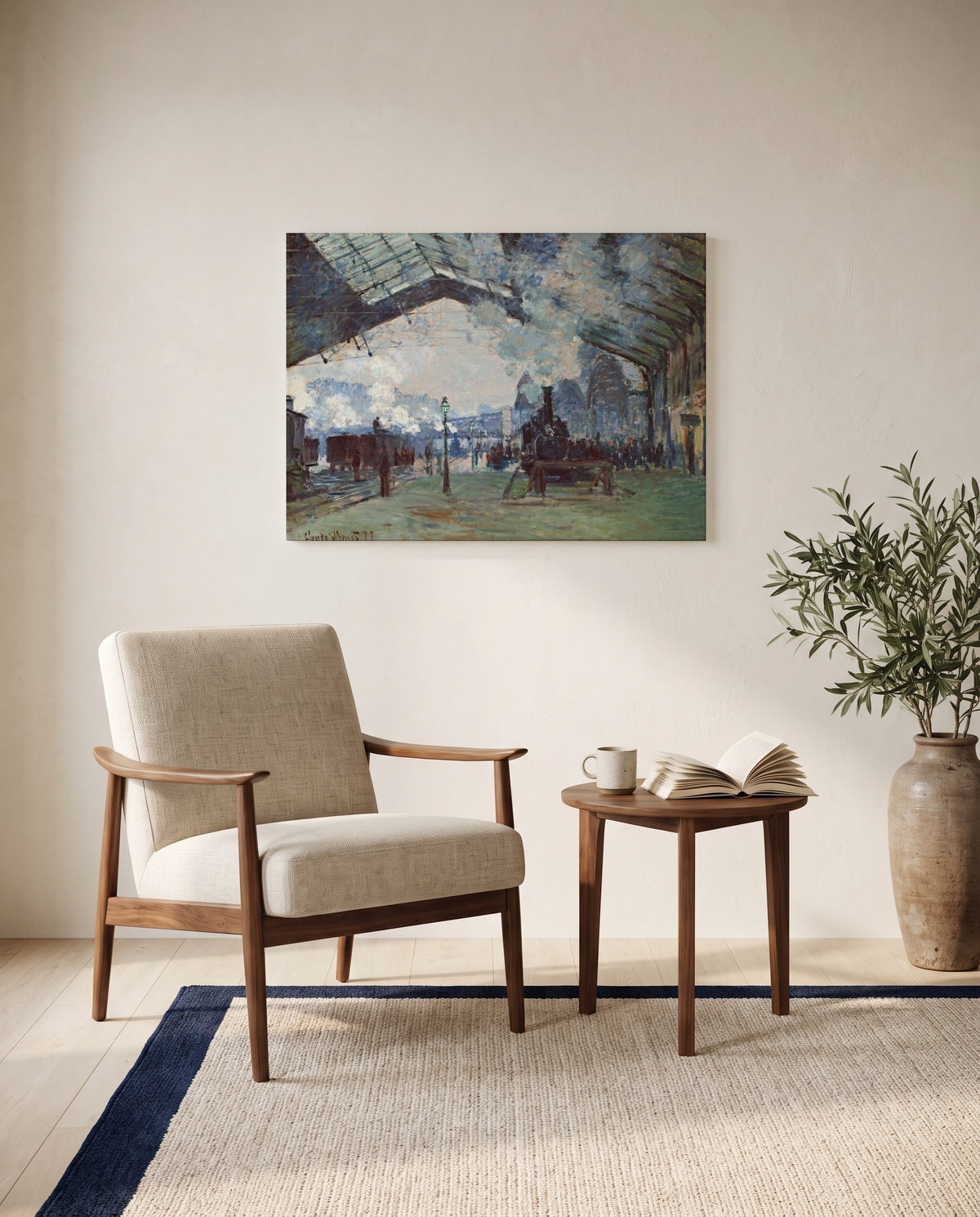 Arrival of the Normandy Train by Claude Monet as a stretched canvas above a linen lounge chair in a reading corner